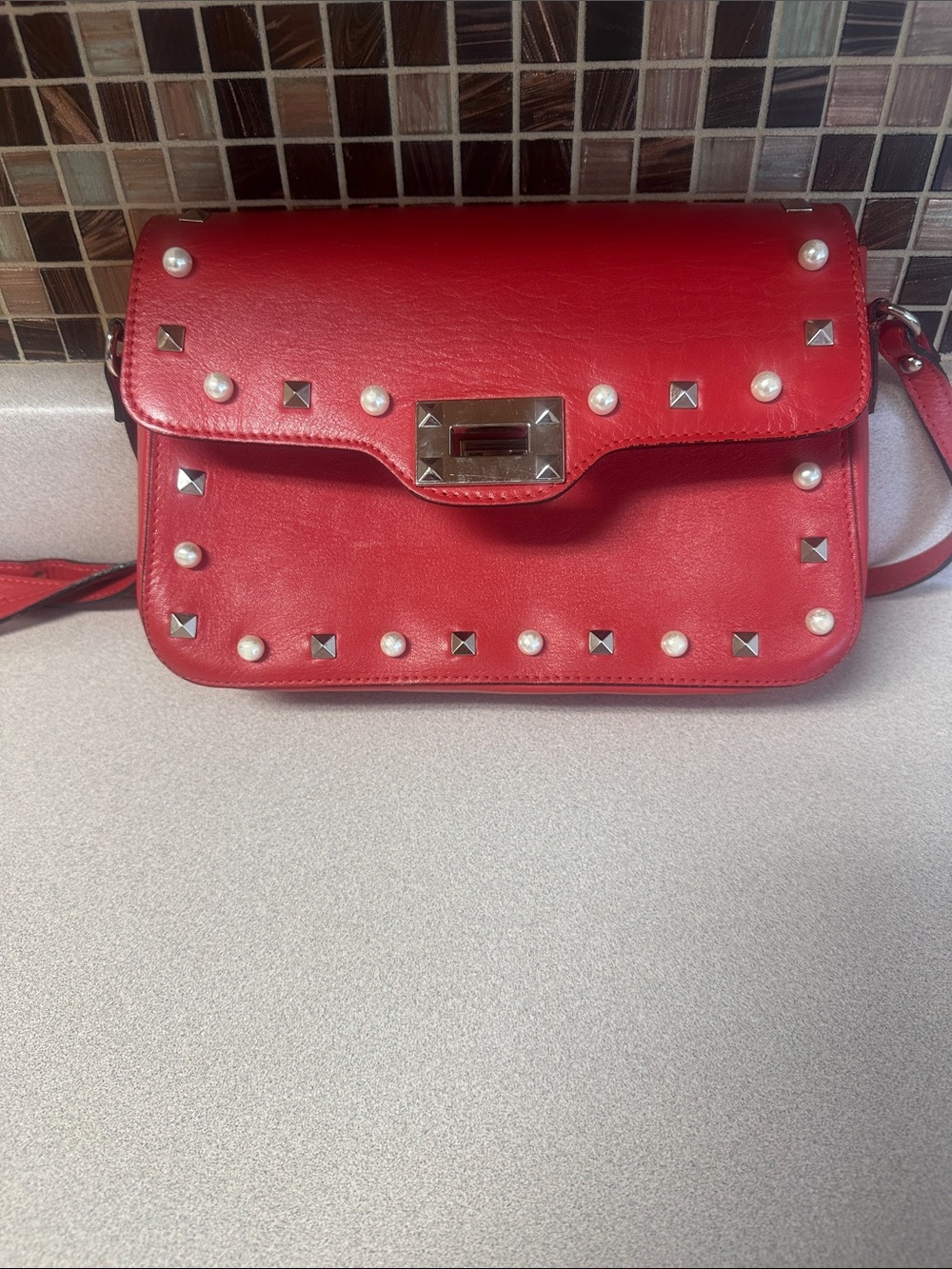 Red Pearl & Stud Accent Leather Crossbody Bag